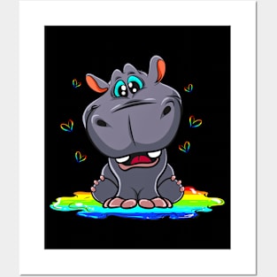 Cute Hippo Sitting In A Rainbow Puddle Posters and Art